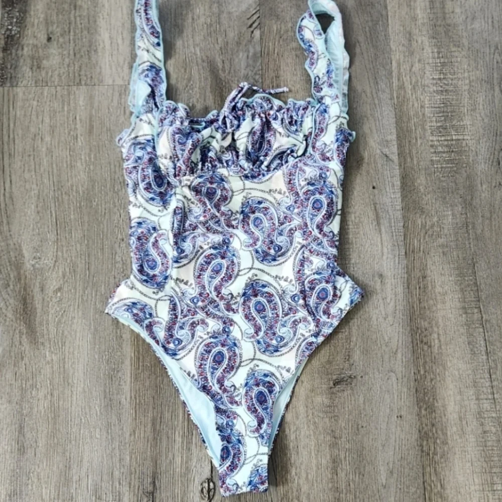 New!Frankies Bikini‎ Fawn Shime Ruffle One Piece Swimsuit